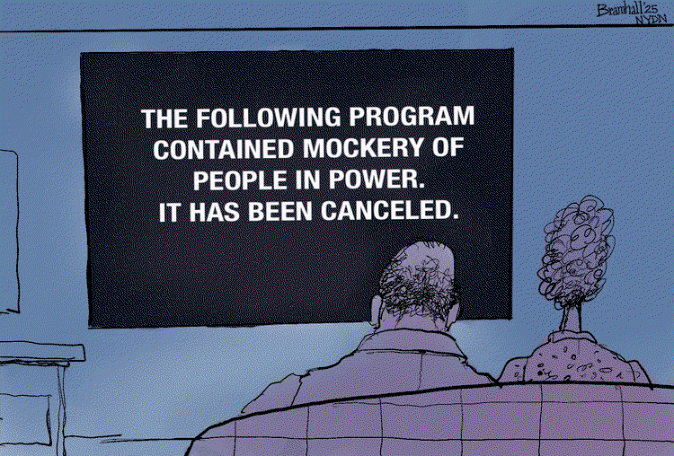 Couple staring at a television screen which reads, 