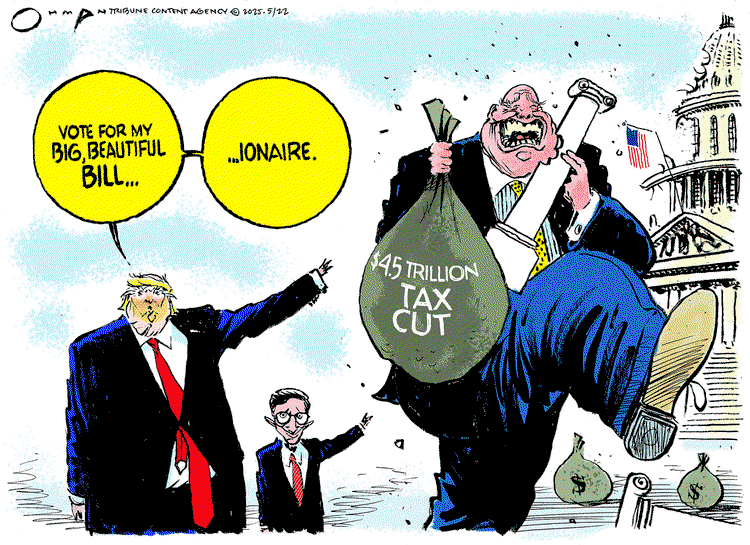 Donald Trump, flanked by Mike Johnson, says, 