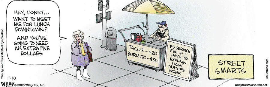 Title:  Street Smarts.  Image:  Man at food card with sign that says, 