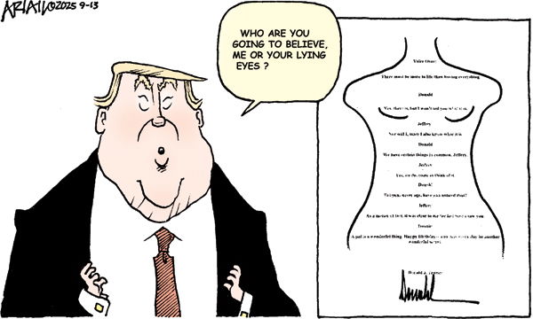 Donald Trump next to a poster of his letter to Robert Epstein.  Trump says, 