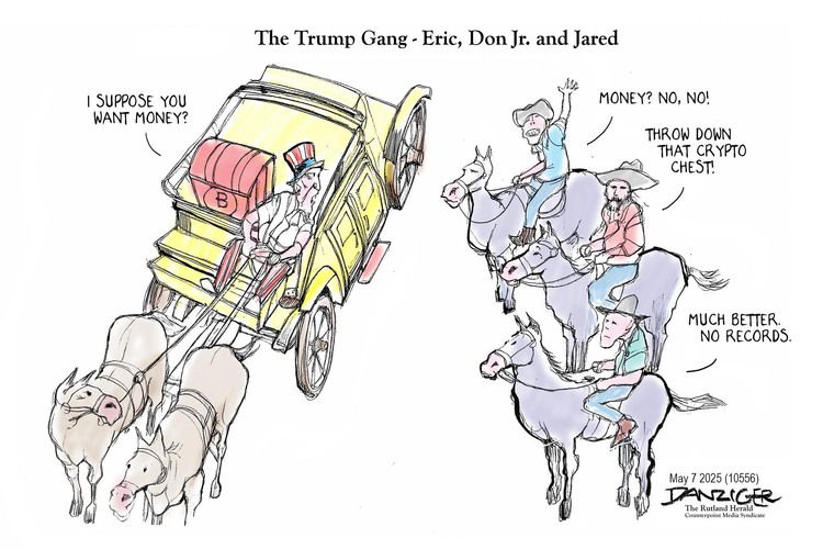 Title:  The Trump Gang--Eric, Don Jr., and Jared.  Image:  The Trump gang as wild west outlaws robbing a stage coach driven by Uncle Sam, who says to them, 