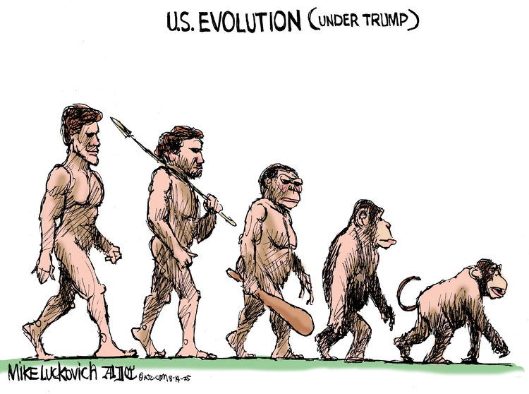 Title:  U. S. Evolution (under Trump).  Image:  Man devolving into monkey.