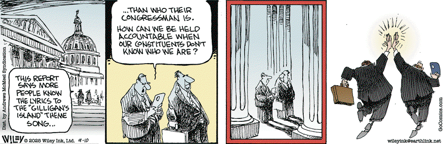 Two Congressmen are standing on the steps of the Capitol.  One reads from his phone to the other, 