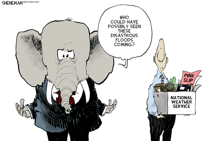 GOP Elephant, standing next to fired NOAA staffer, says, 