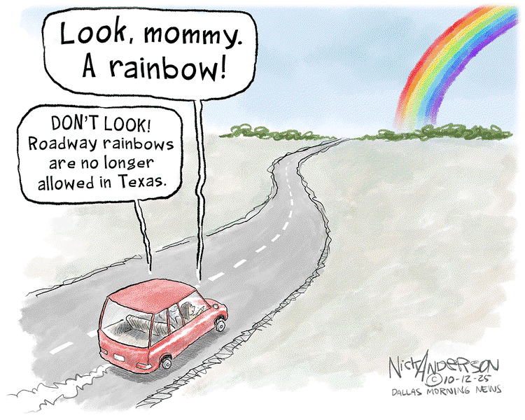 Family driving down a road.  In the distance, a rainbow arcs into the sky.  Child says, 