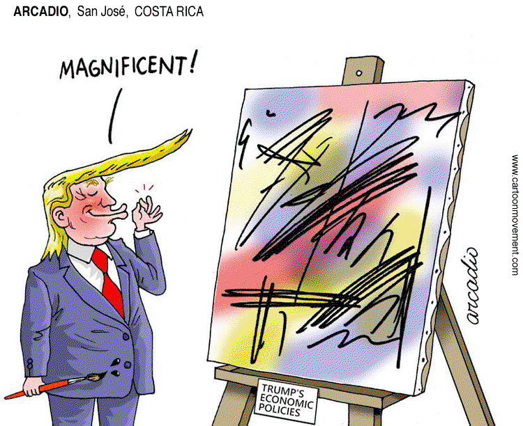 Donald Trump staring at an easel bearing a canvass covered in incomprehensible scribbles and blotches of paint.  The easel is labeled 