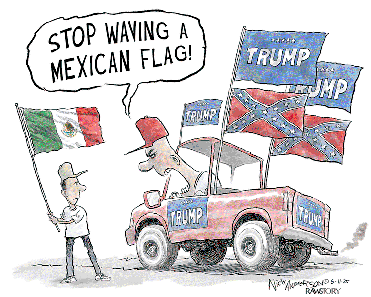 Red-hatted man in pickup truck festooned with the Stars and Bars and Trump flags yells at a protestor, 
