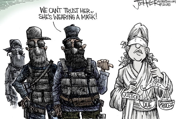 Lady Justice stands wearing a blindfold signifying impartiality, holding a sword labeled 