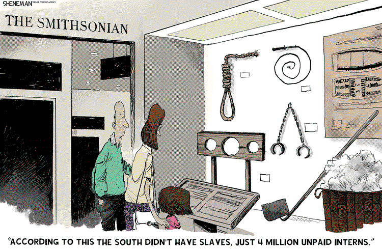 Family in the Smithsonian in an exhibit room adorned with stocks, whips, shackles, nooses, and the like.  Man reads from legend, 