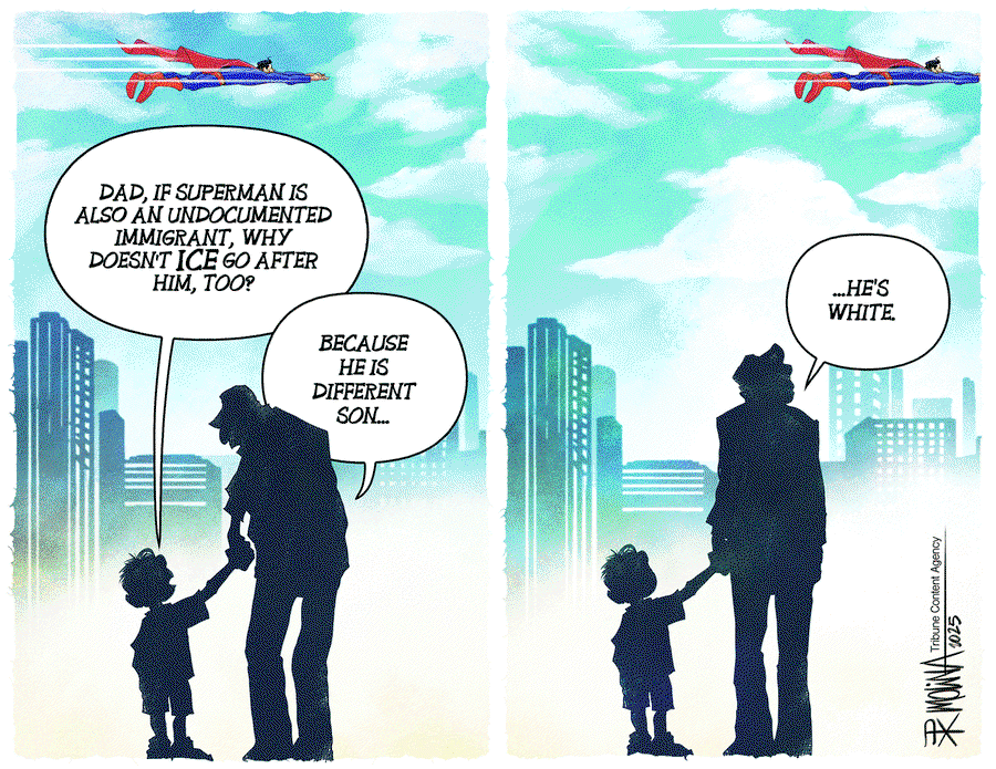 Man and child watch Superman flying through the sky.  Child asks, 