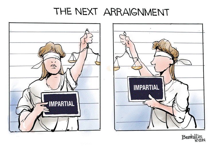 Title:  The Next Arraignment.  Image:  Lady Justice having her booking photos taken.