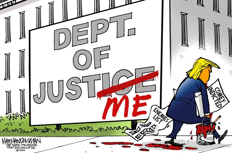Donald Trump carrying his enemies list and a bucket of paint walking past the Department of Justice, now renamed the Department of Just Me.