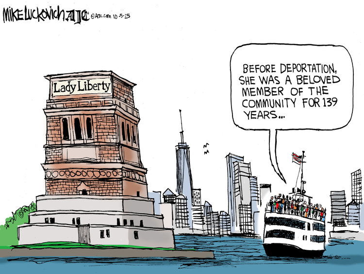 Sightseer ship in New York harbor passes the pedestal where Lady Liberty used to stand.  Tour guide says, 