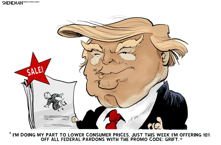 Donald TGrump holding a sheef of papers featuring the Monopoly Man in prison stripes.  Trump says, 