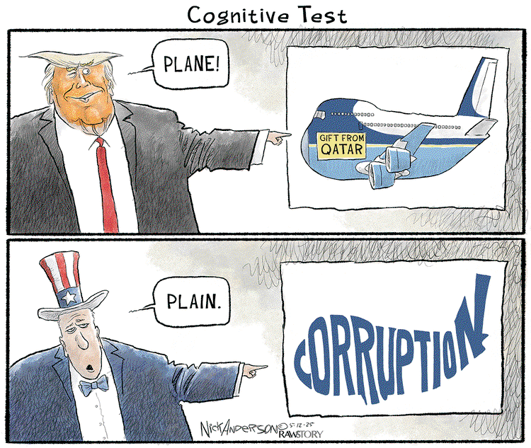 Title:  Cognitive Test.  Frame One:  Donald Trump points at a picture of a jet gifted him from Qata and says, 