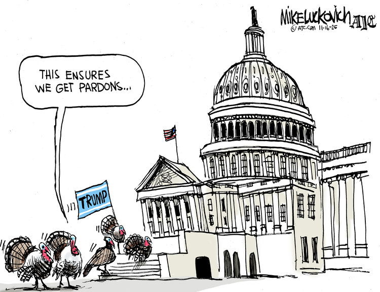 Flock of turkeys approaching the Capitol carrying a Trump flag.  One says, 