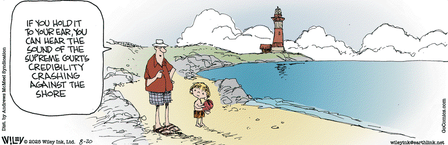 Father and litle girl walking on the beach.  The girl is holding a shell.  The father says, 