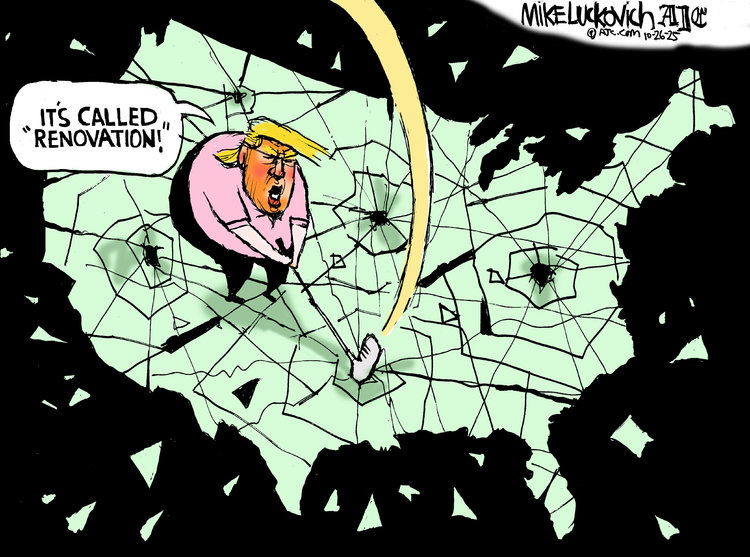 Donald Trump smashing the U. S. to bits with a gold club while saying, 