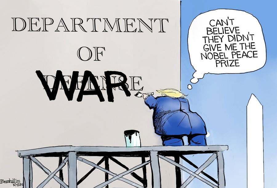 Donald Trump changing the Department of Defense to Department of War while thinking, 