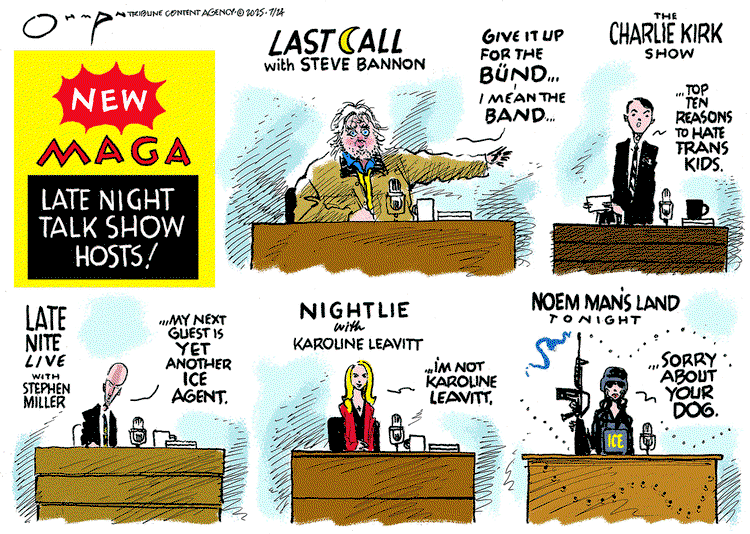 Frame One:  Title:  New MAGA Late Night Talk Show Hosts.  Frame Two:  Last Call with Steve Bannon.  Bannon gestures and says, 