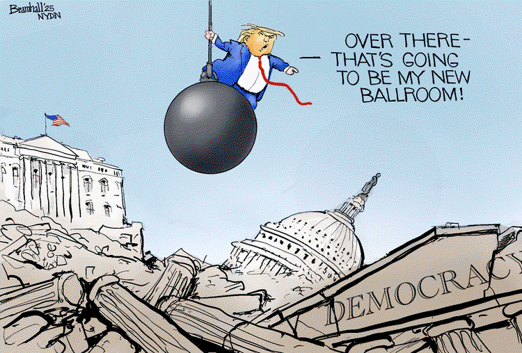 Donald Trump riding a wrecking ball over the Capitol and Democracy saying, 