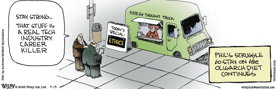 Caption:  Phil's struggle to stay on the oliggarch diet continues.   Image:  Two executives stand in front of a food truck labeled 