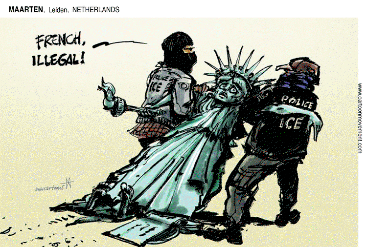 Two ICE agents drag Lady Liberty into custody.  One of the says, 
