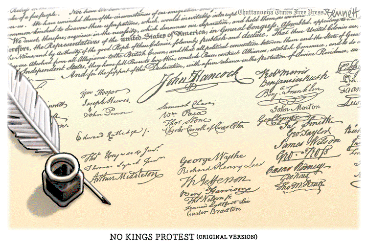 Image of the signatures to the Declaration of Independence captioned 