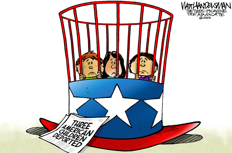 Three little children being bars in Uncle Sam's hat.  Next to it, a newspaper with the headlline, 