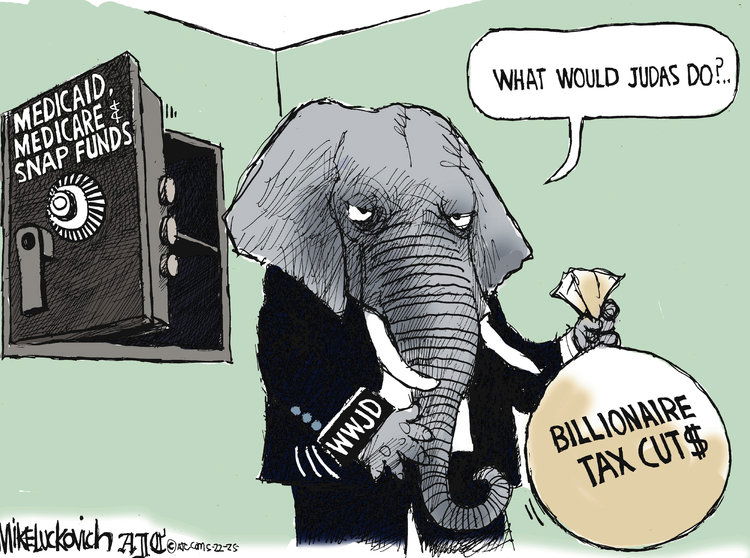 Republican Elephant holding a bag labeled 