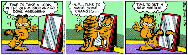 Garfield:  Time to take a look in the old mirror and do some assessing.  Yup...time to make some changes...  Time to get a new mirror.