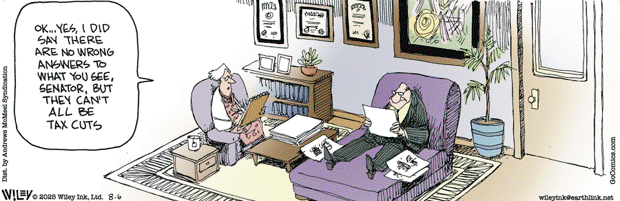 Man in psychiatrist's office looking at ink blots.  Psychiatrist says, 