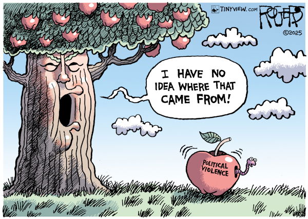Donald Trump as an apple tree filled with ripe apples.  One the ground lies on of the apples labeled 