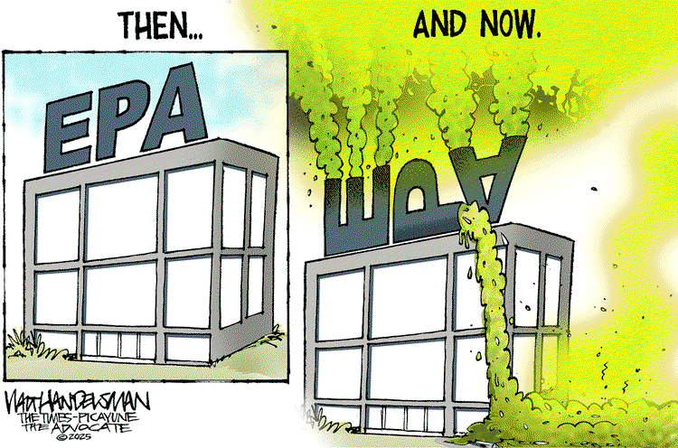 Cartoon lampooning how the Trump administration is turning the EPA into the Environmental Pollution Agency.
