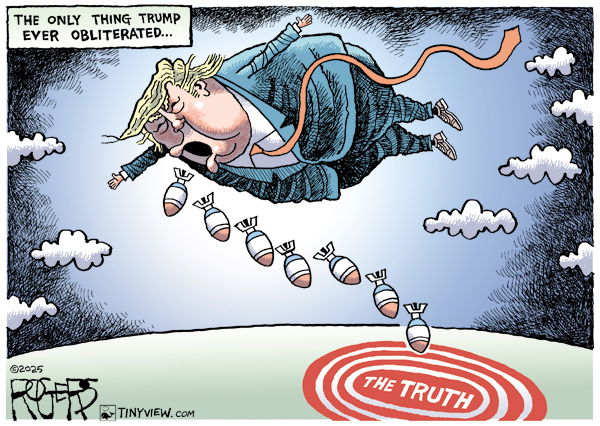 Image of Donald Trump as a bomber dropping bombs on 