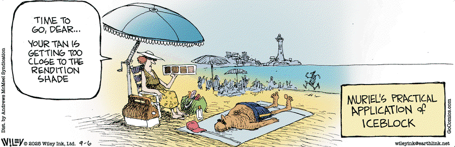 Caption:  Muriel's practical application of iceblock.  Image:  Man sunbathing at the beach.  woman says to him, 