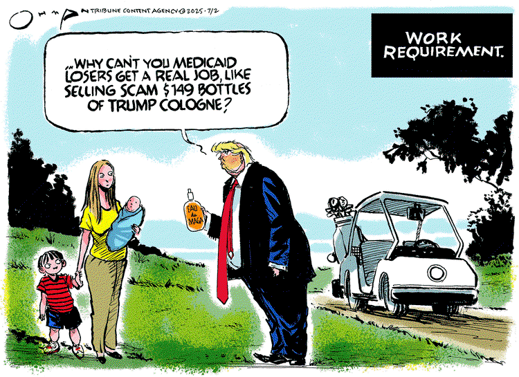 Title:  Work Requirement.  Donald Trump says to a woman with two children, 