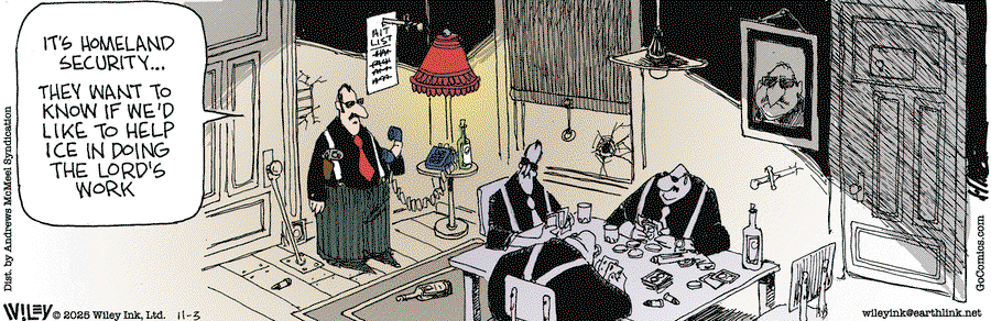 Group of mobsters sitting around a table playing cards.  One gets up th answer the phone and then says to the others, 