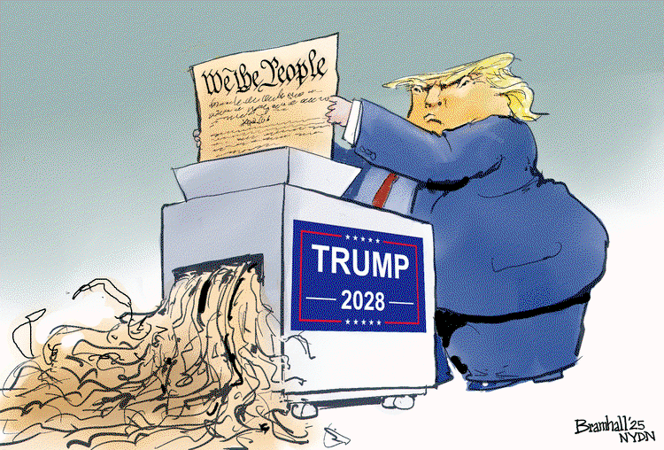 Donald Trump putting the Constitution through a shredeer labeled 