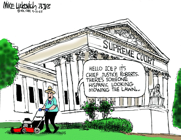 Man cutting grass in front of the Supreme Court.  Voice from inside the court says, 