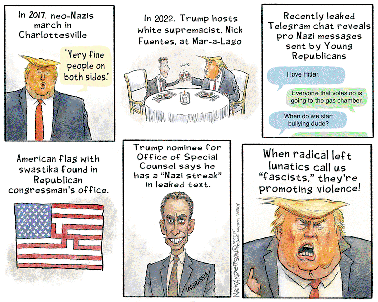 Frame One:  In 2007, neo-Nazis march on Charlottesville.  Trump says, 